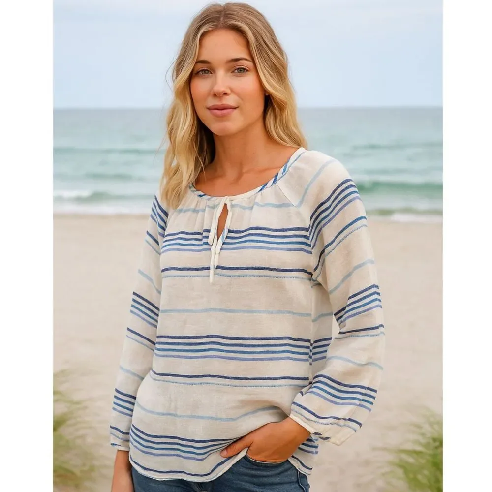 J Crew 100% Linen Peasant Blouse Womens Sz S Sheer Indigo Striped Coastal Beach
